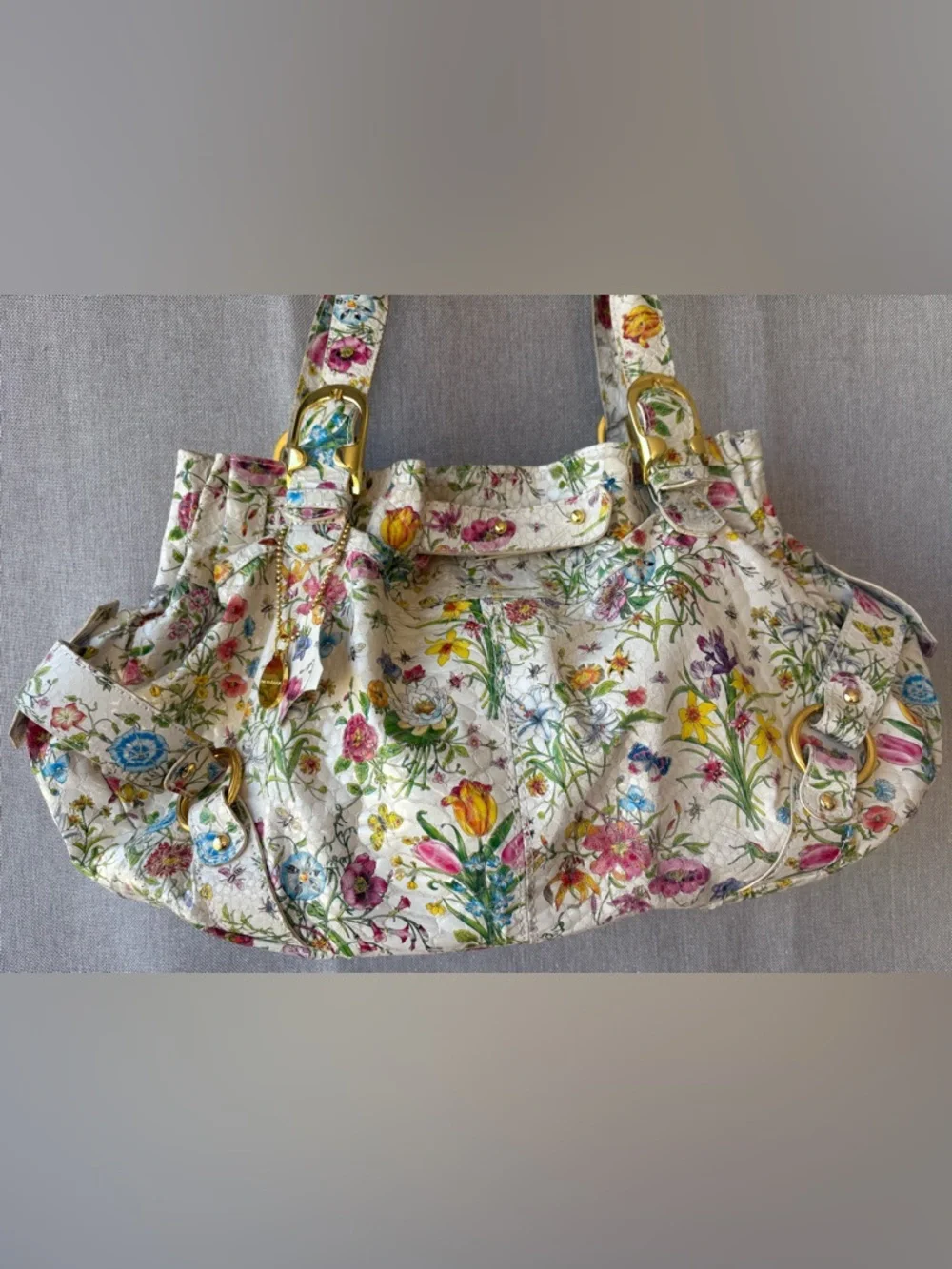 Big Buddha Floral Print Shoulder Bag in White with Multicolor Flowers - Picture 2 of 14